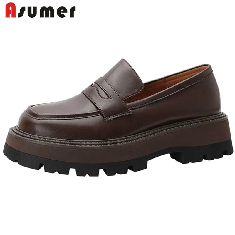 

ASUMER 2022 New Arrive Platform Flat Shoes Women Genuine Leather Shoes Loafer Slip On Comfortable Spring Casual Shoes Woman