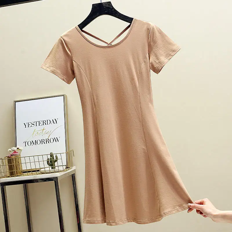 

Summer Cotton Dress Women O-Neck Short Sleeve Backless Casual Sexy Dress Jurken Pink Black Short Mini Dresses For Women C6419