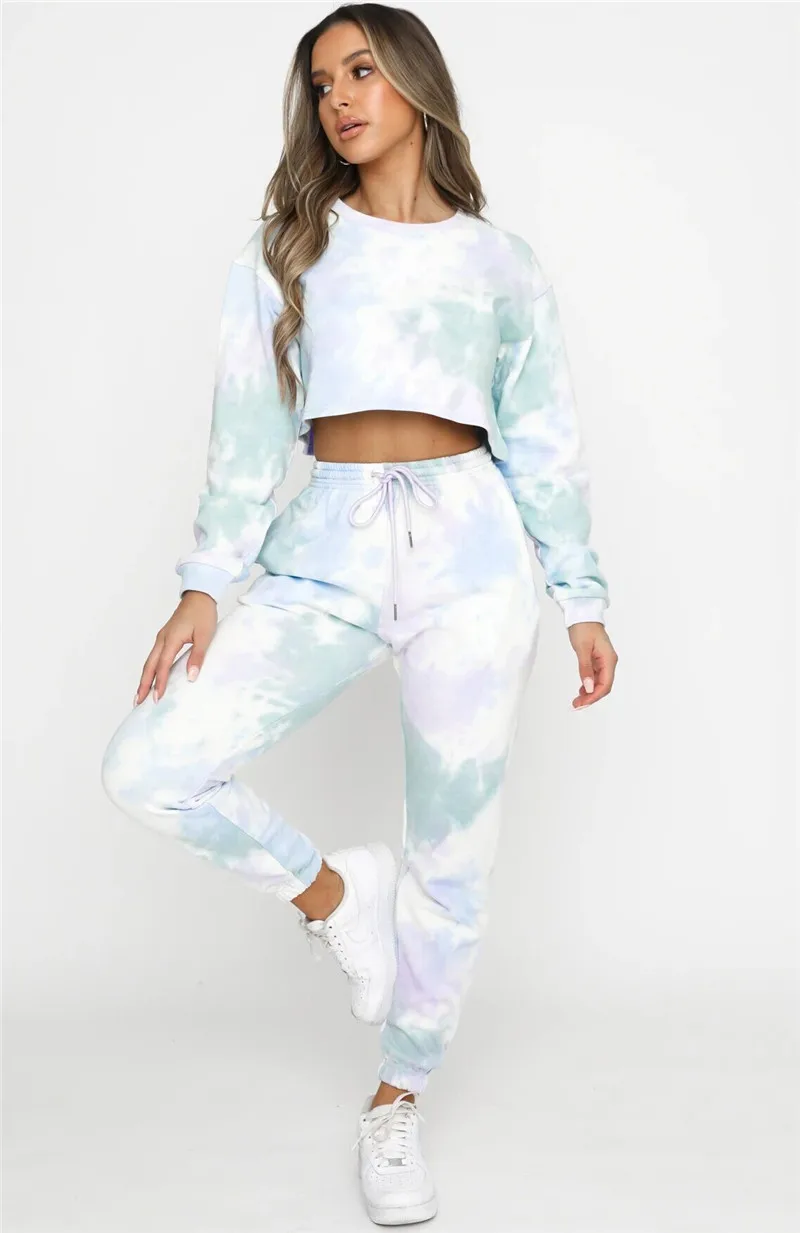 2 Pieces Suit Set Women’ s Tie-Dye Print Round Neck Long Sleeve Crop Top+ Trousers S/M/L/XL/XXL |