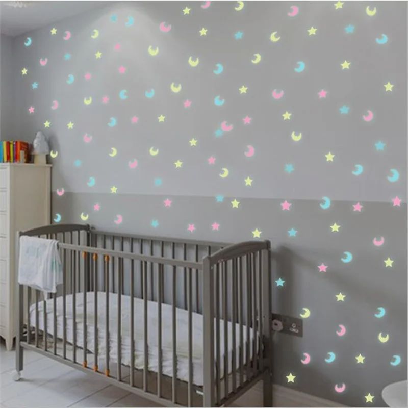 

100PCS/Pack Mixed Color Glow In The Dark 3D Star Moon Luminous Wall Sticker For Kids Room DIY Room Ceiling Decor Wall Stickers