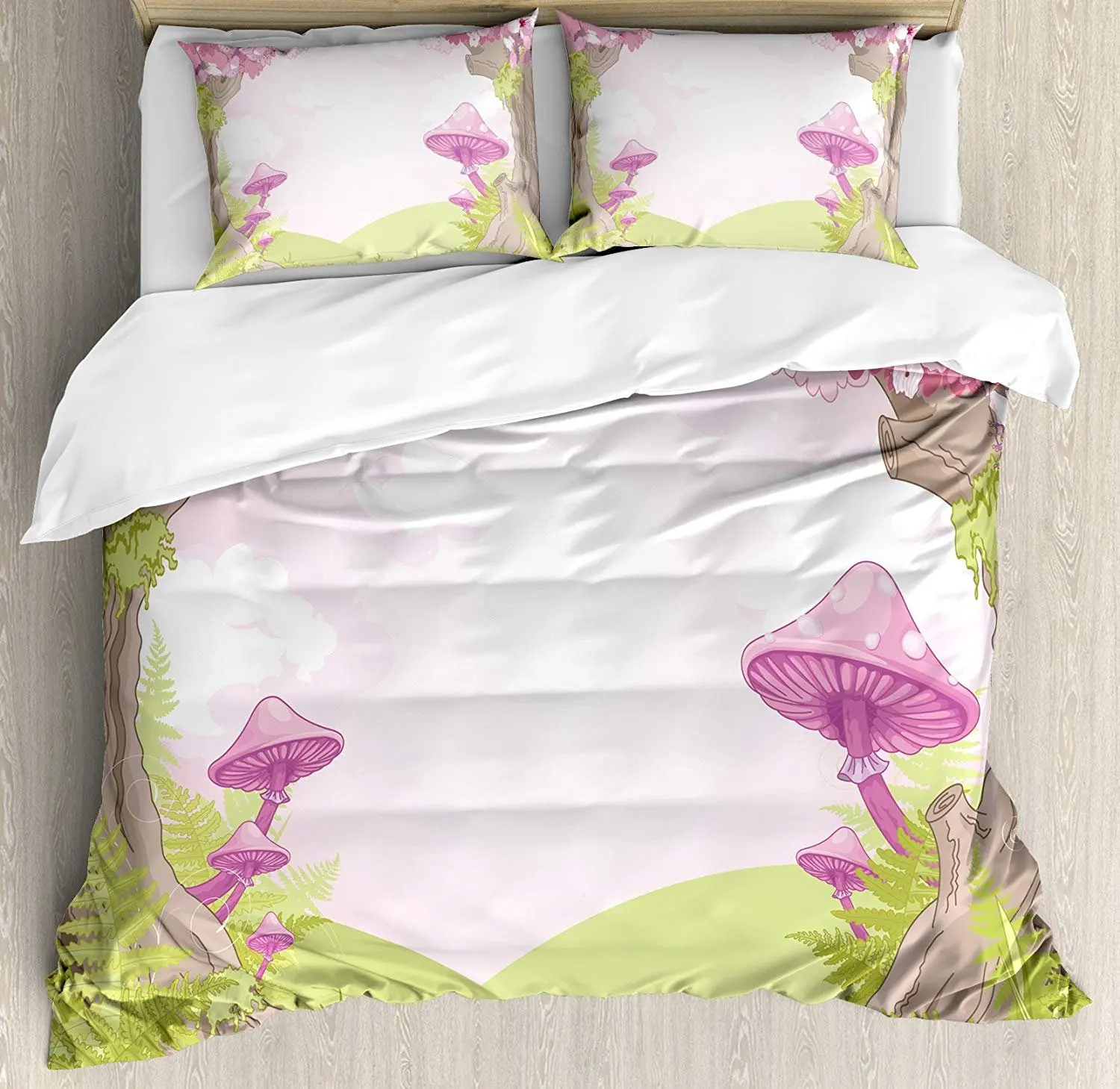 

Mushroom Bedding Set Cherry Blossom Trees Fairytale Land Forest Surreal Fantasy Wonderland Image Duvet Cover Set Pillowcase