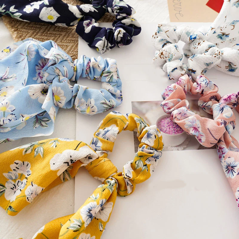 

Bohemian Dot Floral Print Scrunchies Women Streamers Elastic Bow Hair Rope Hair band Girl Hair Ties Ring Hair Accessories Girls