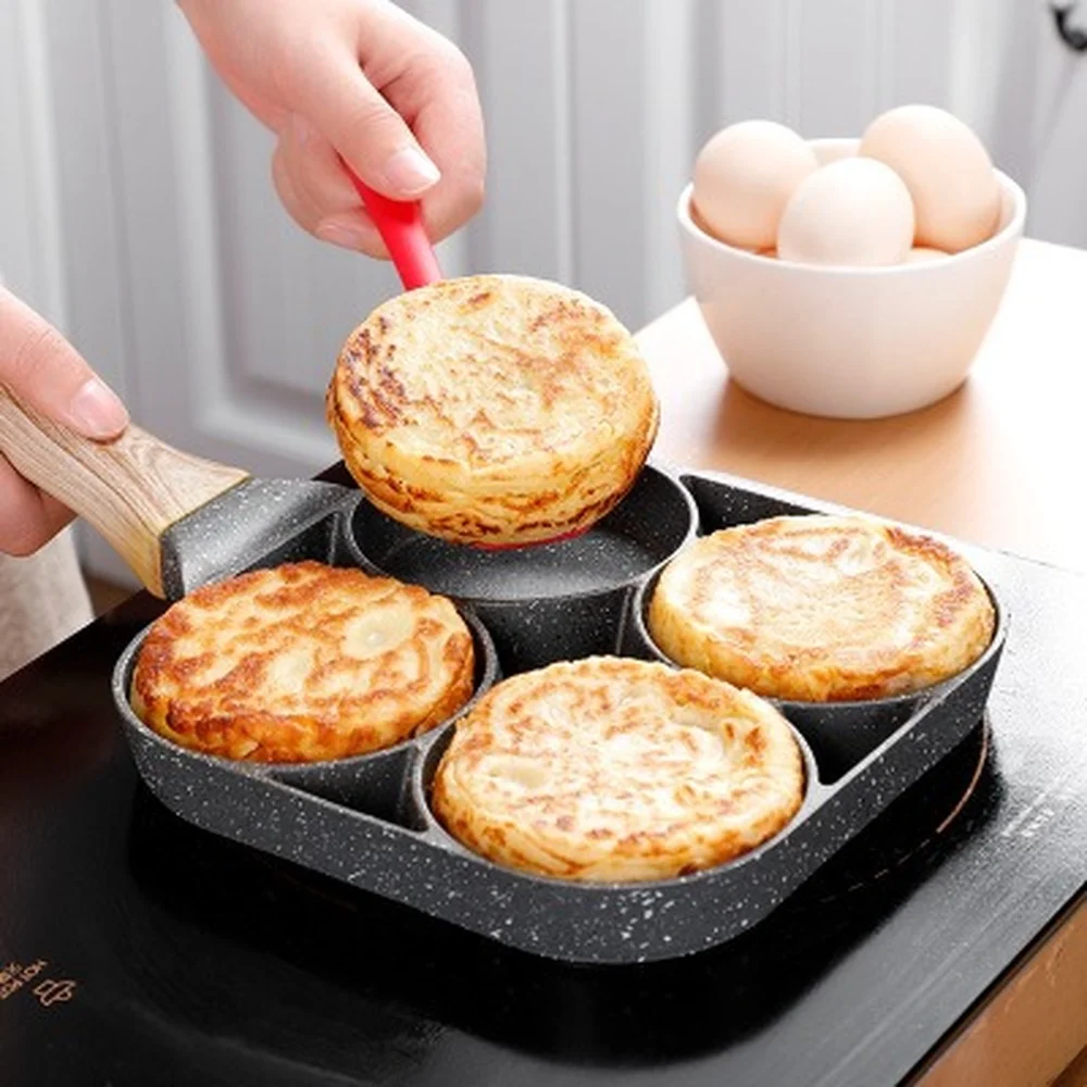 Fry Pan for Eggs Non Stick Ham Pancake Maker Egg Burger with Wooden Handle 4 Hole Induction Cooker Gas Stove | Дом и сад