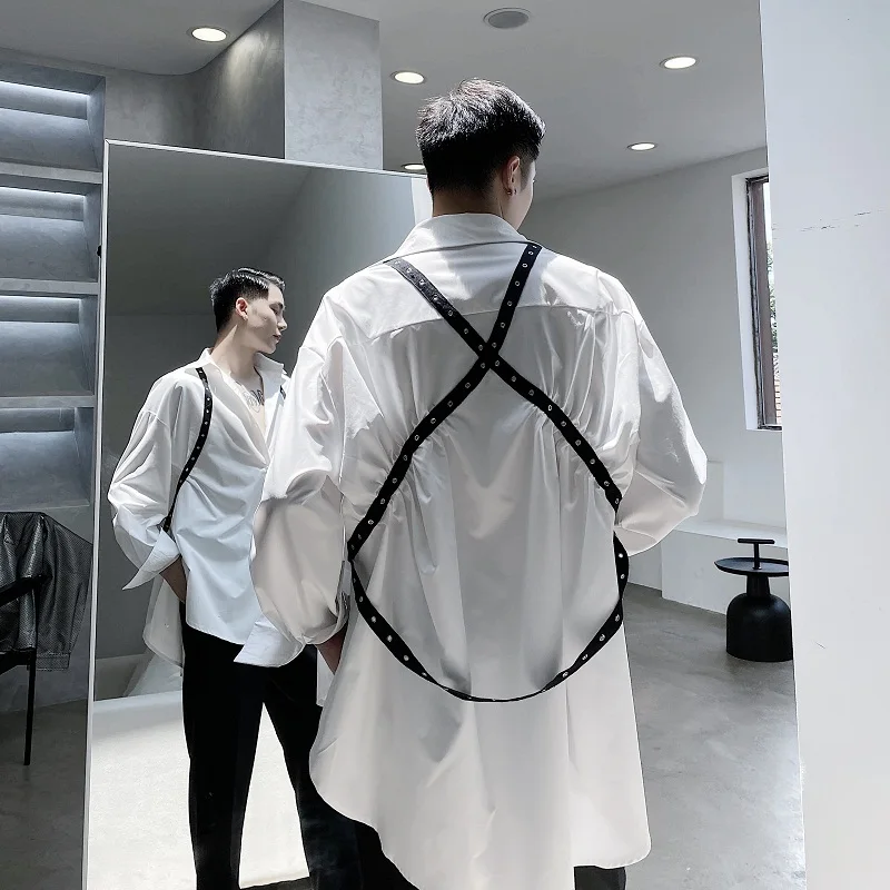 

Male Japan Streetwear Functional Style Hip Hop Loose Shirt Stage Show Clothes Men Bandage Rivet Long Sleeve Casual Shirt