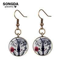 songda unique nordic wolf and rose earrings bronze silver color wild animal photo glass cabochon drop earrings party ear jewelry