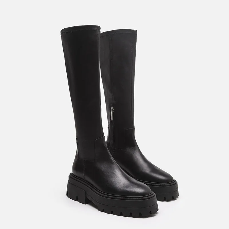 

Slimming Long Biker Boots Women's High Tube 2021 New Autumn Black Thick Bottom Mid Tube below the Knee Long Boots