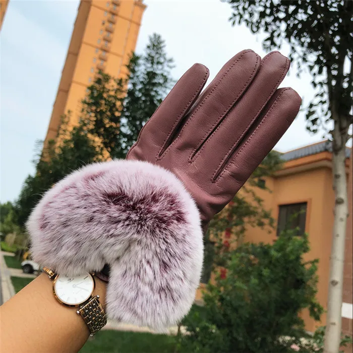 Женские зимние перчатки U-образные кожаные с мехом кролика Рекс короткие из