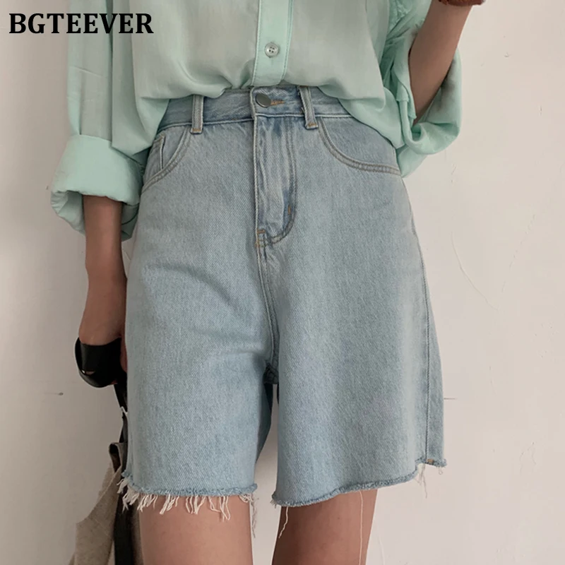 Женские джинсовые шорты BGTEEVER летние свободные с бахромой на подоле повседневный