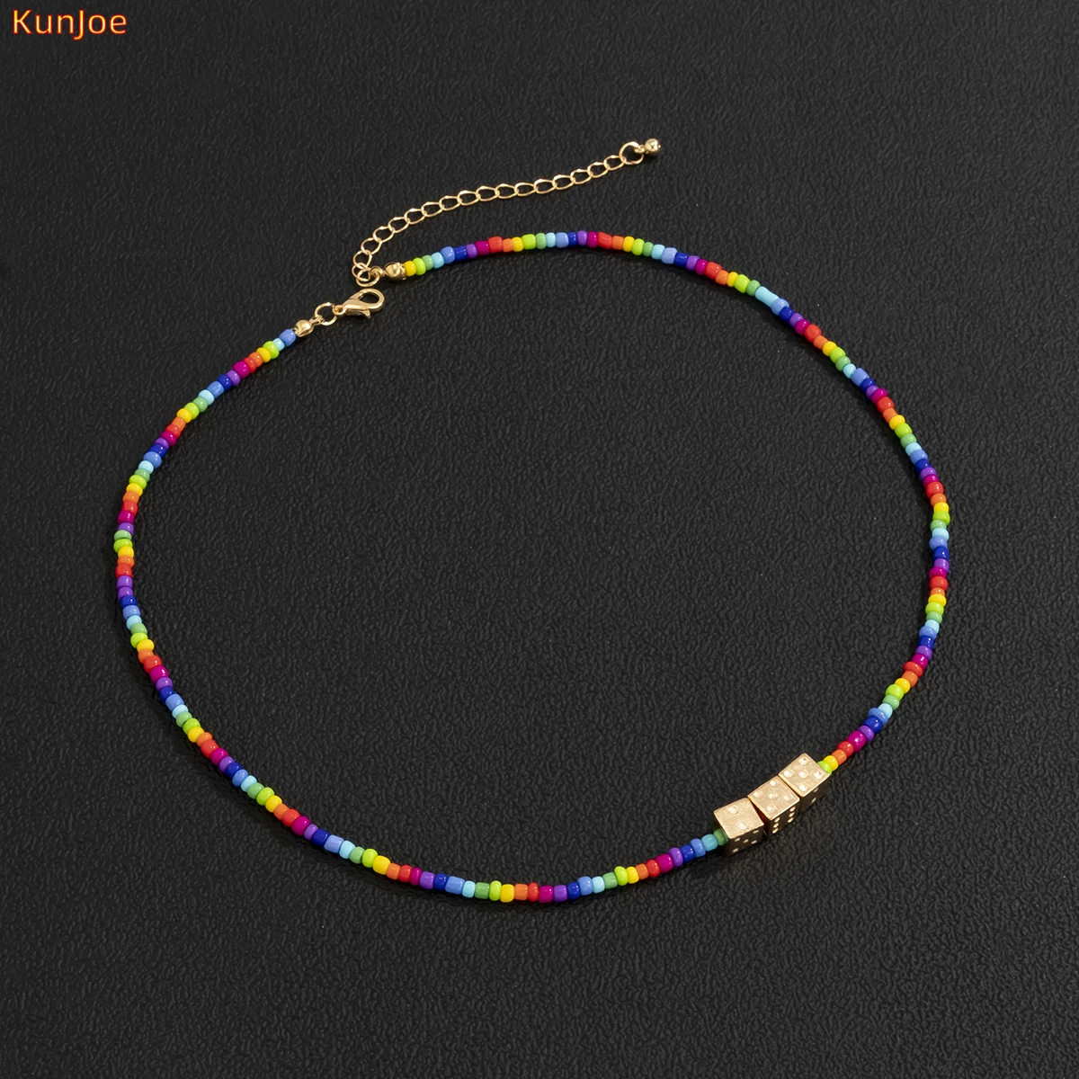 

KunJoe Bohemian Fashion Vintage Rainbow Beaded Necklace for Women/Men Trend New Design Dice Pendant Choker Couple Jewelry Gift