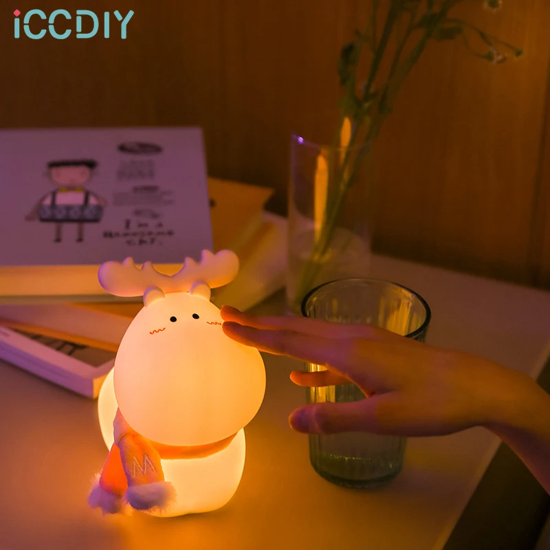 

LED Cute Elk Silicone Lamp Creative Cute Mini Bedside Sleeping Atmosphere Lamp USB Charging Children Cartoon Silicone Lamp