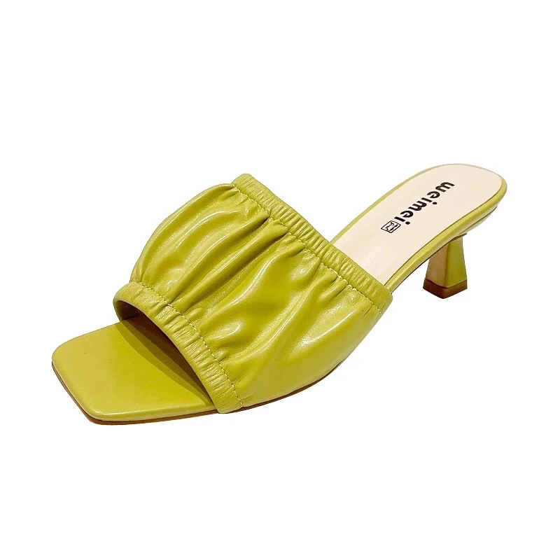 

Stiletto Women's Slippers Daily Casual 4 Colors Women Shoes Folds 5CM Mid Heel Open Toe Square Toe Sandals Simple Summer Slides