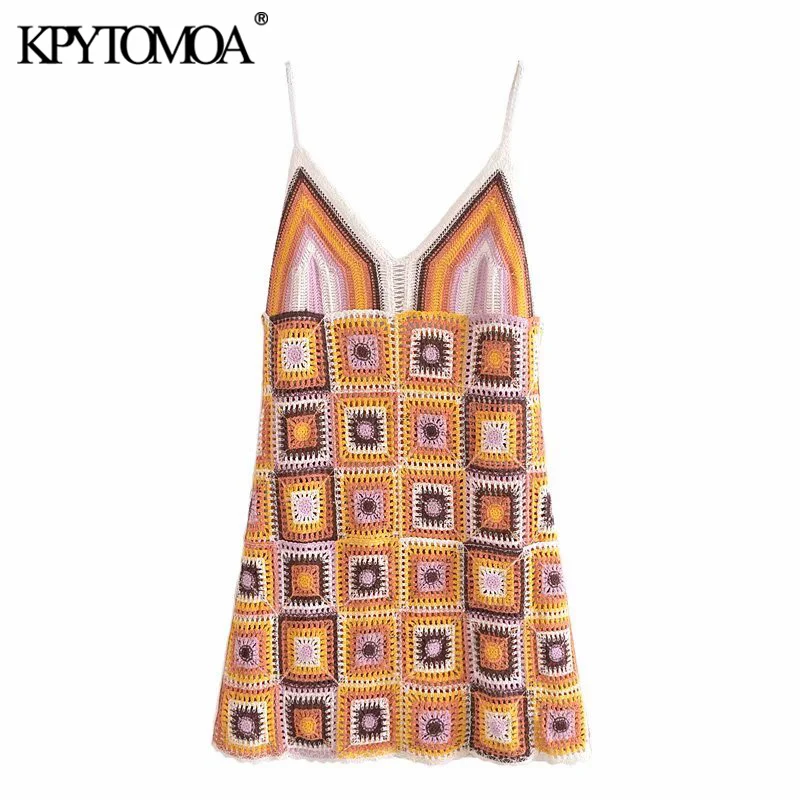 KPYTOMOA женское 2021 шикарное модное вязаное крючком мини платье с геометрическим