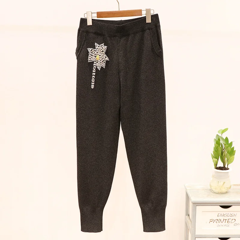 Женский спортивный костюм вязаный свитер со стразами и рукавами длинные брюки