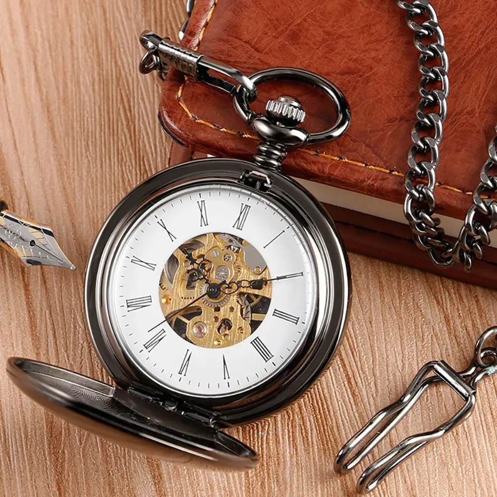 

Luxury Black Smooth Double Hunter Mechanical Hand Wind Steampunk Skeleton Pocket Watch Mens Roman Numeral Male Women Fob Pendant