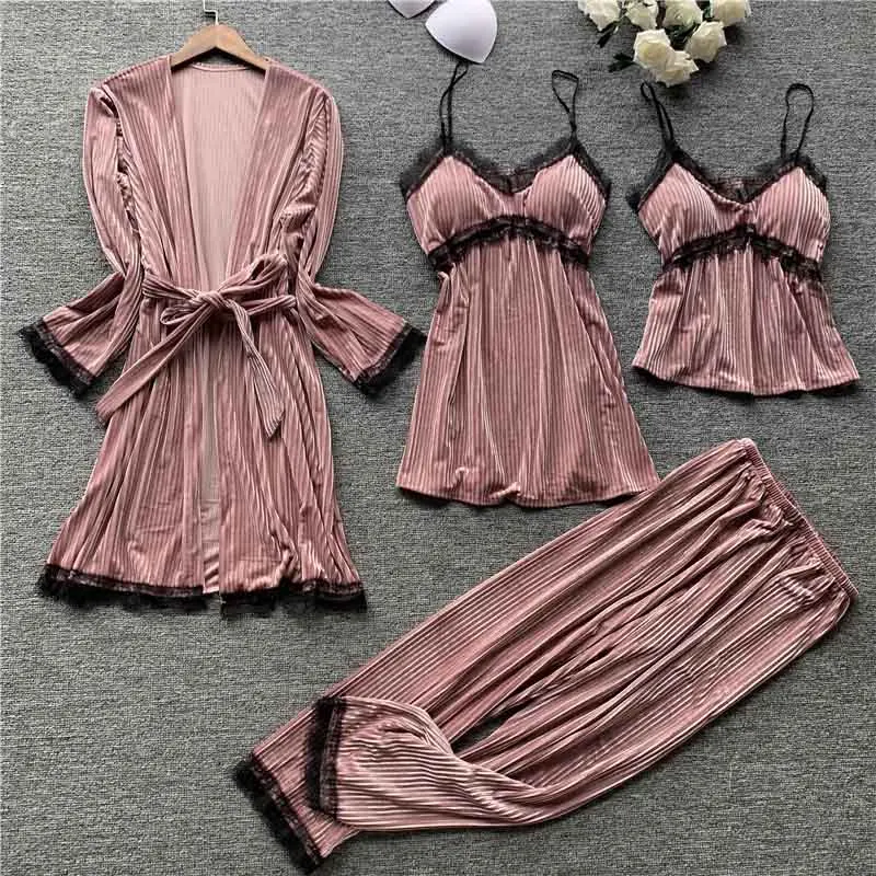 

New Gold Velvet Pajamas Women 4 Pieces Winter Suit Home Clothes Woman Sexy Lace Robe Pajamas Sets Sleepwear Sleeveless Nightwear