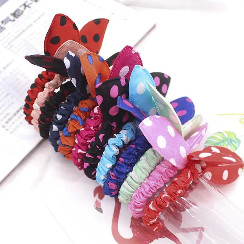 

Women Girls Cloth Craft Rubber Band Cute Rabbit Ears Bowknot Ruched Hair Rope Polka Dot Printed Ponytail Holder Sweet Candy