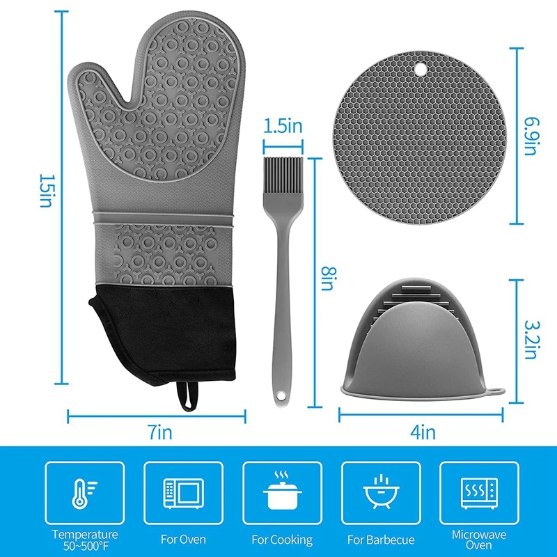 

AAAK -Extra Long Oven Mitts and Pot Holders Sets, 15 Inches Heat Resistant Silicone Oven Mitts with Mini Oven Gloves