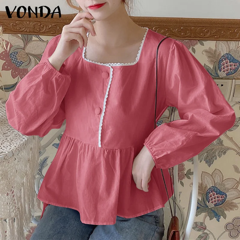 

Women'Blouse Casual Long Sleeve Shirts 2021 VONDA Vintage Lantern Sleeve Square Collar Pleated Tops Blusas Femininas