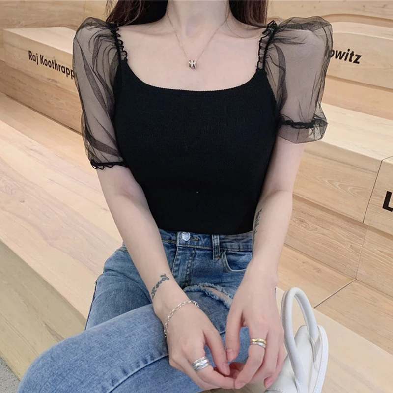 

2021 Vintage Korean Puff Sleeve Mesh Patchwork T-Shirts Elegant Casual Square Collar Shirts Women Summer Knitted Cropped Tops