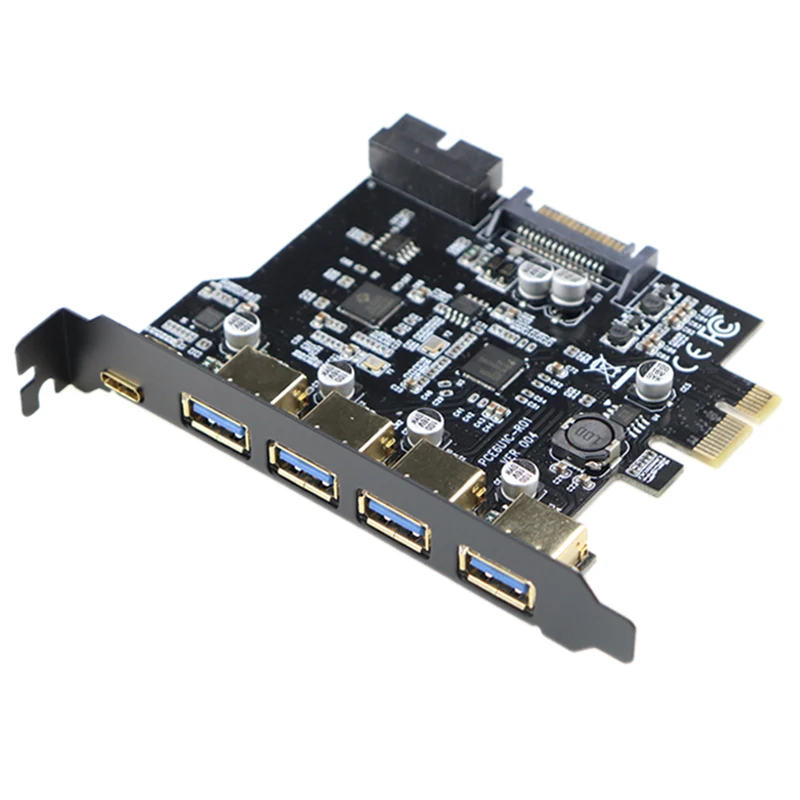 

5 Ports PCI-E to USB 3.0 1-Port Type C and 4-Port Type A PCIe Expansion Card with 15 pin SATA Power + 19 pin USB 3.0 Connector