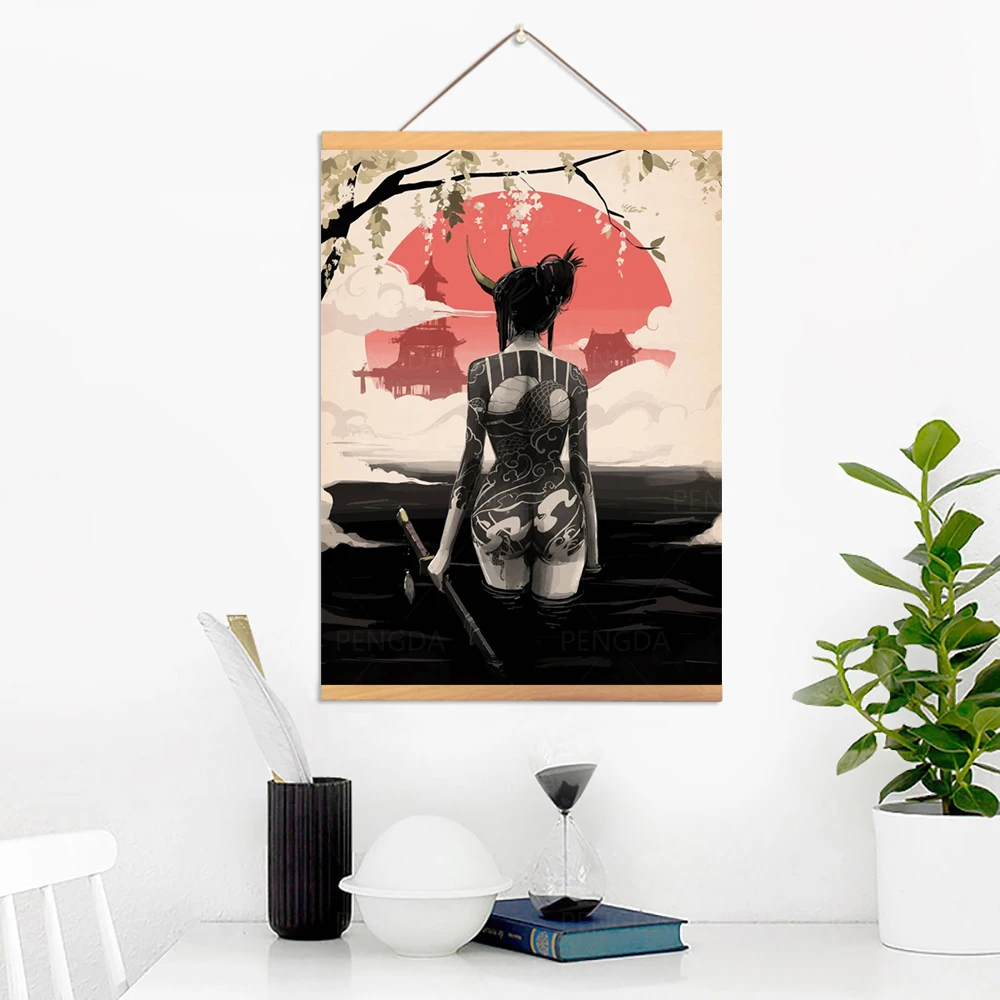 

Canvas Home Decoration Japanese Vintage Poster Print Pictures Warrior Wall Art Wooden Scroll Hanging Painting Bedside Background
