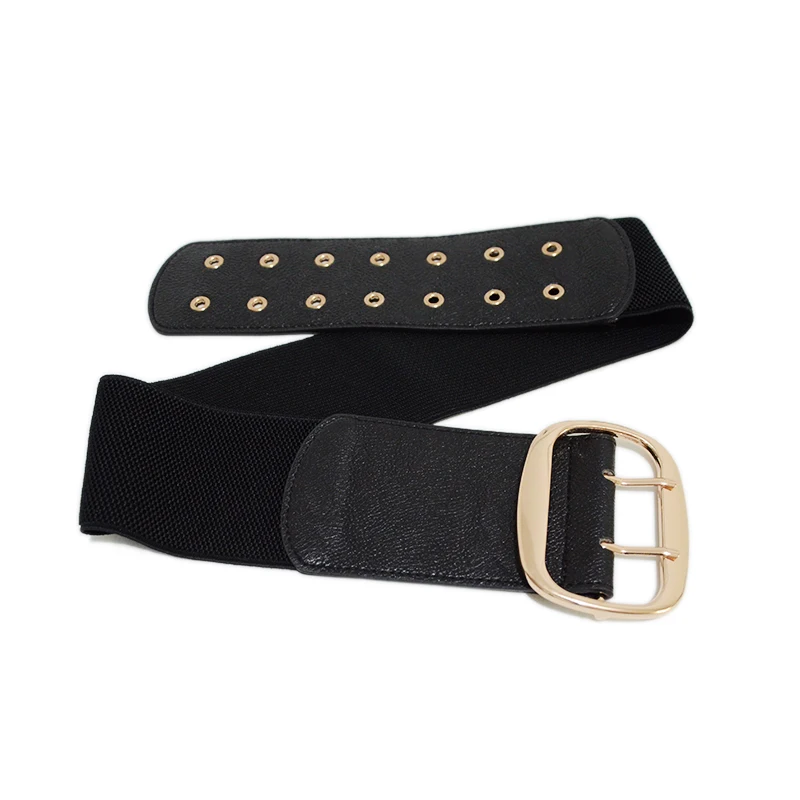 

Luxury Designer Black Fashion High Quality 2020 Wild Square Buckle Elastic Wide Belt Super Bright PU Leather Waist Seal BG-1578