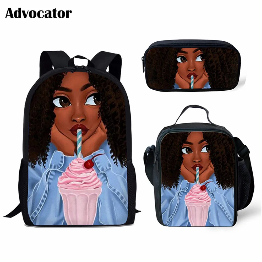 ADVOCATOR African Girls Black Queen Women Printing Backpacks Pencil Bag 3Pcs/set Kids Backpack Girls Bookbag Satchel