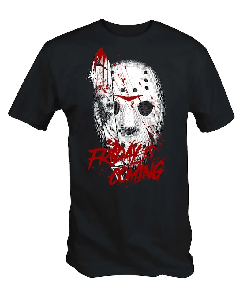 

Horror Hockey Mask T Shirt Friday is Coming Retro Slasher Funny TShirt Men