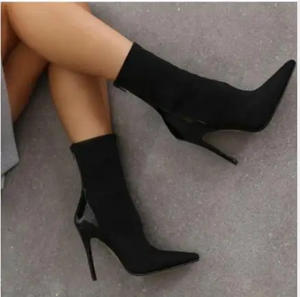 Стильные ботинки с острым носком вязаные женские на высоком каблуке коллекция 2019