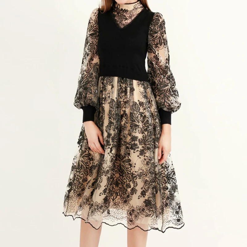 

Qian Han Zi designer fashion autumn dress Lantern sleeve retro sequin flower embroidery stitching sweater party dress Womens new