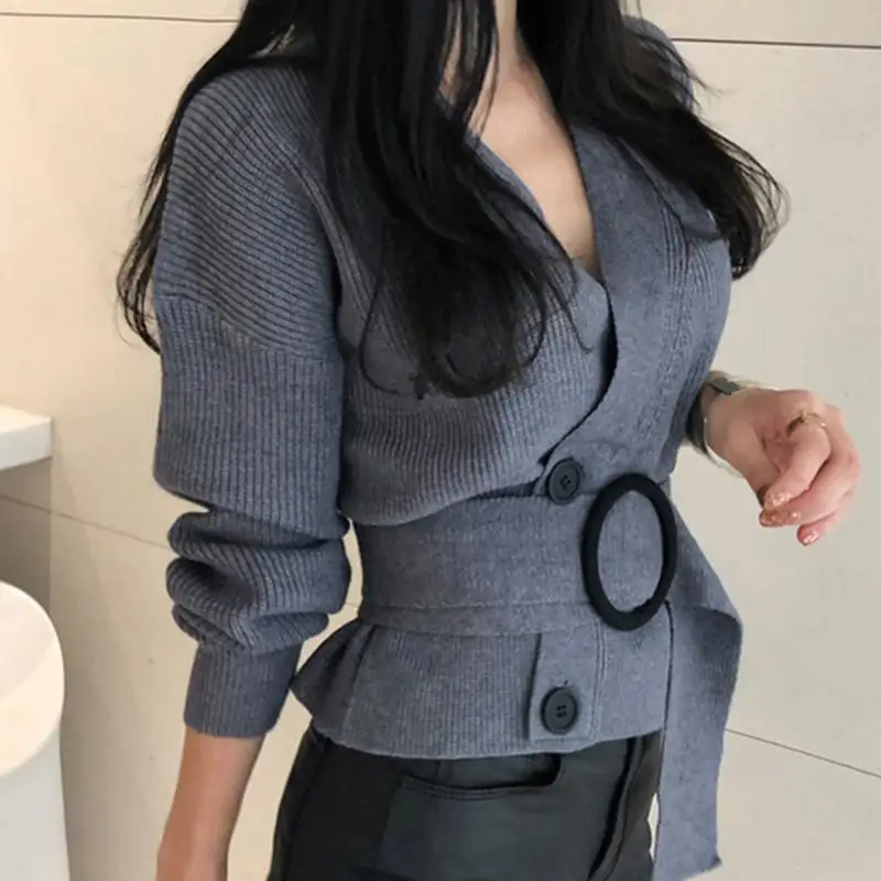 

High Quality Autumn V-Neck Sashes Slim Full Sleeve Grey Women Cloth Double Breasted Kntting Sweater Coat Cardigan