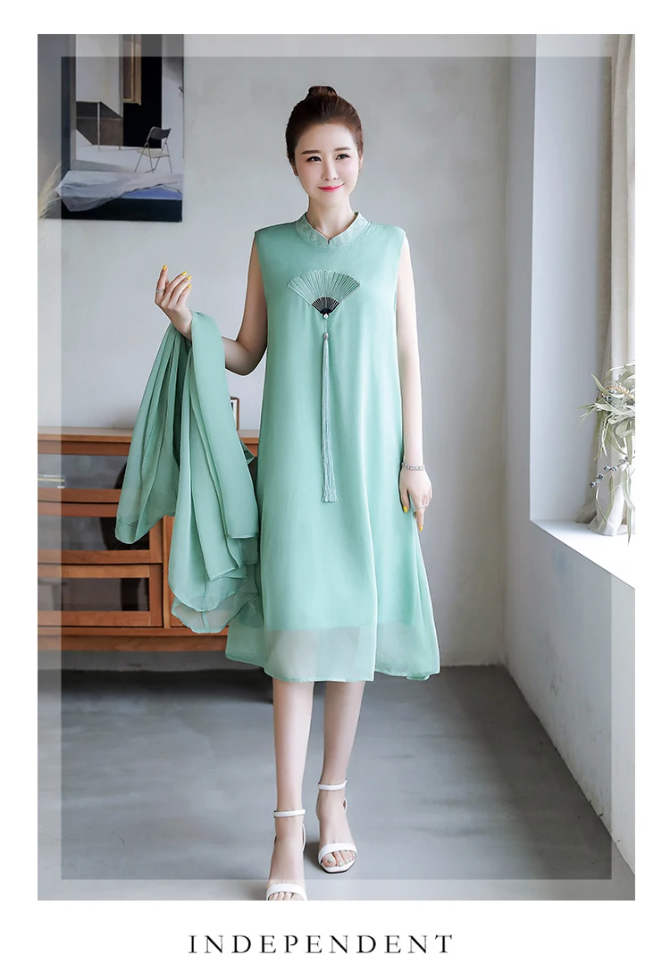 Весна Осень улучшенный Cheongsam 2 шт платье и кардиган свободные большие размеры шифоновые платья милые кисточкой винтажное женское платье