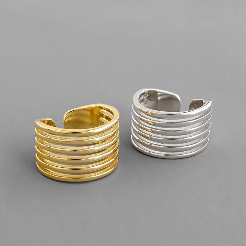 

Real 925 sterling silver multi-layer lines rings for women aneis feminino, gold color wide ring bague femme silver 925 jewelry