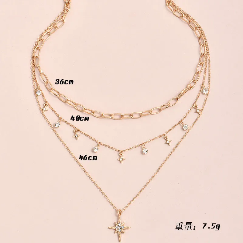 

Boho Crystal Star Multilayer Necklace for Women Ladies Metal Geometric Charming Pendant Necklaces Statement Jewelry