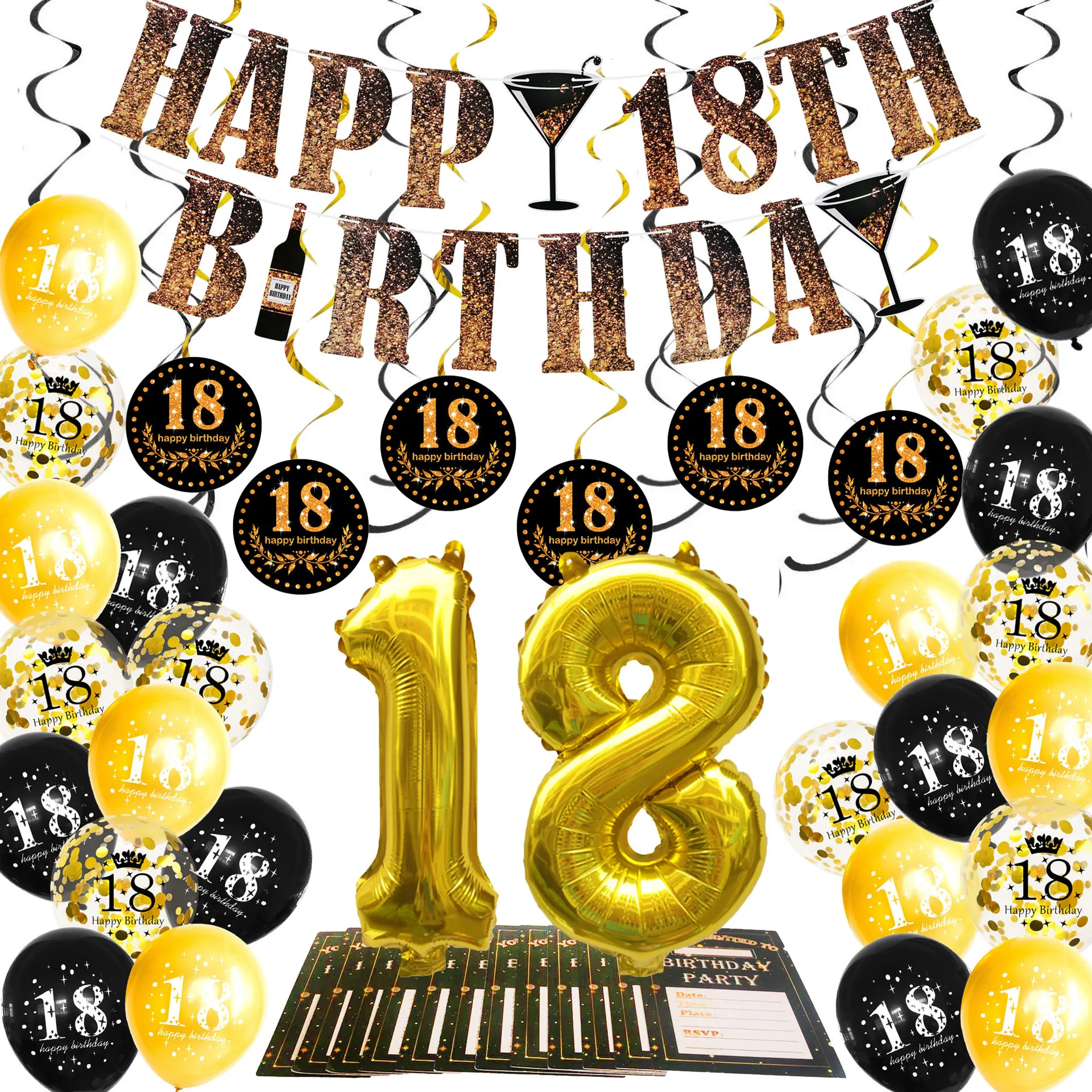 Black Gold 18 Birthday Party Decorations Adult Happy Birthday Balloons Banner Birthday Table Cards Men Women 18th Years party De
