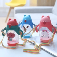 400ml cartoon pattern outdoor child drinking bottle with straw baby feeding cup for kids training portable handle water bottle