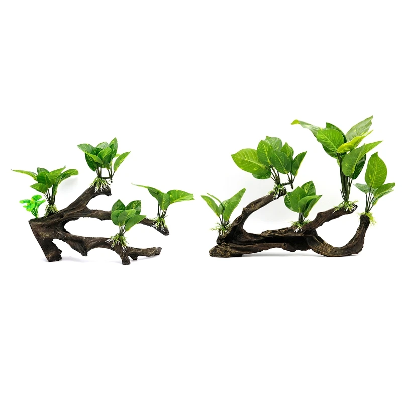 

27RE Aquarium Decor Artificial Driftwood Branch with Plastic Plant Fish Tank Decorations Aquatic Underwater Green Leaves