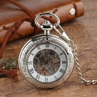 luxury silver roman numerals display skeleton clock men women hand winding mechanical pocket watch pendant chain half hunter