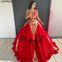 long red formal evening dress with gold lace v neck sleeveless puffy satin high end special occasion pageant party gowns