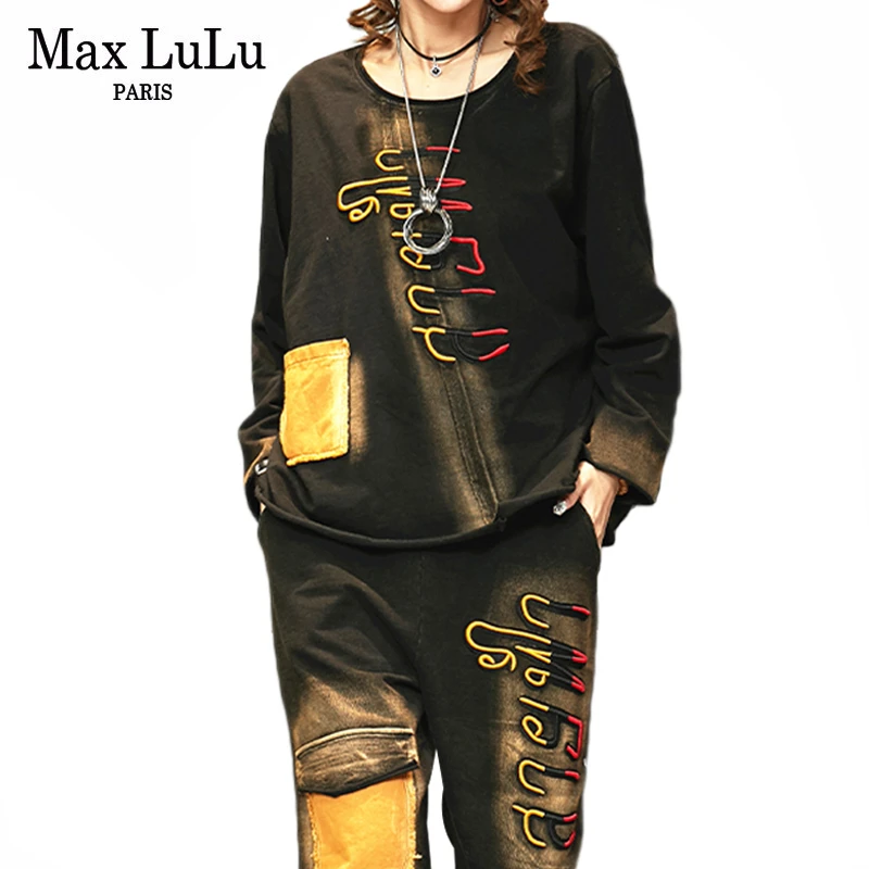 Max LuLu осенняя одежда Модный корейский женский комплект из двух предметов с вышивкой Женские винтажные топы и штаны Панк Спортивный костюм Клубная одежда