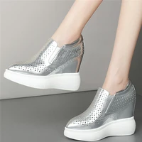 12cm high heel fashion sneakers women hollow genuine leather wedges ankle boots female summer pointed toe creepers casual shoes