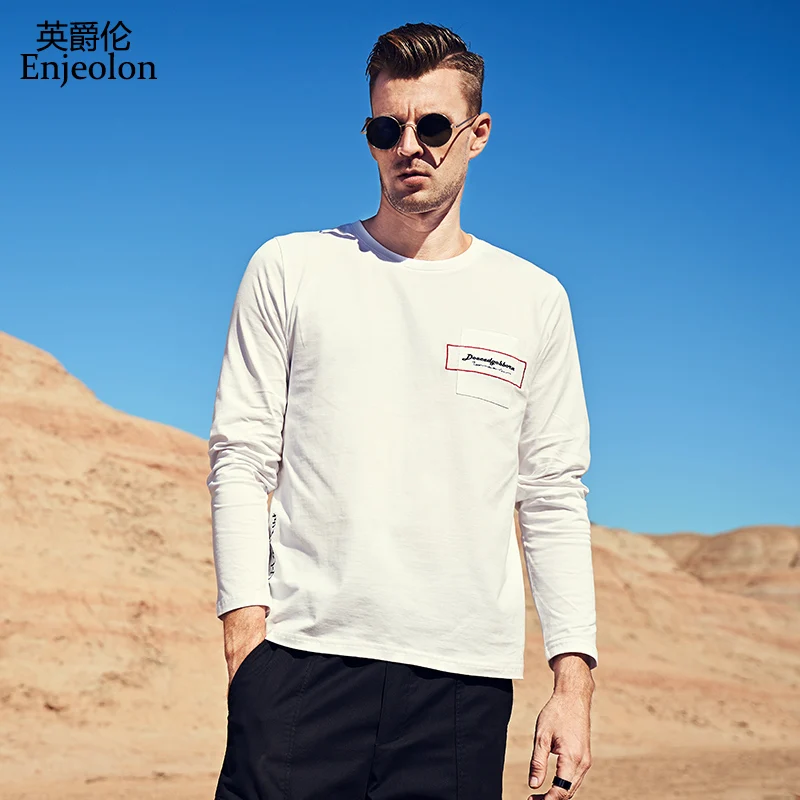 Enjeolon брендовая Осенняя мужская футболка с длинными рукавами и круглым вырезом