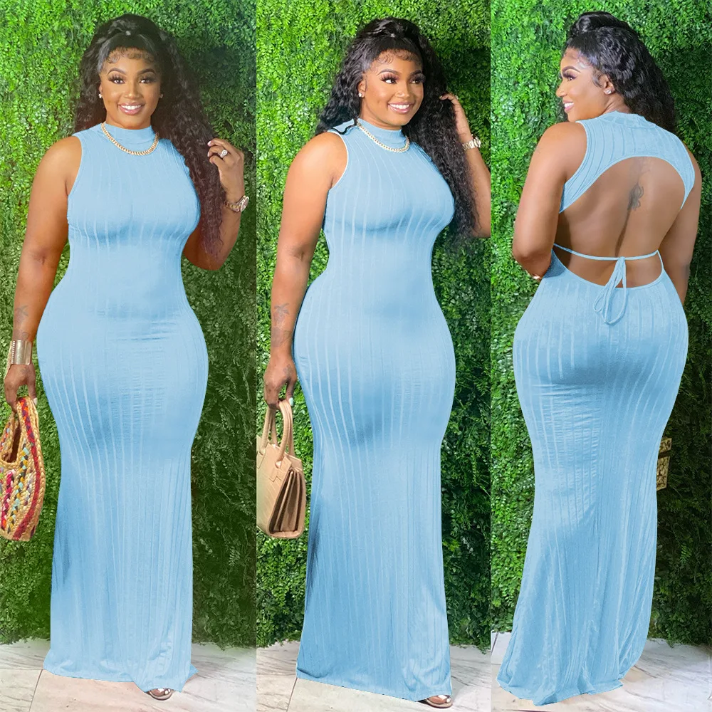 

HAOOHU Women's Clothing Sexy Hollow-out Backless Solid Color Pullover Mid-Length Dress Plus Size Dresses Summer Dress