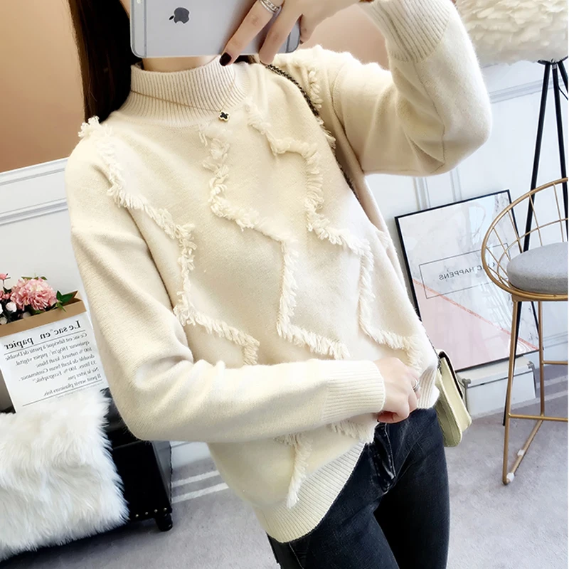 2020 Autumn Winter Women Knitted Half-Turtleneck Sweater Ladies Casual Soft Solid Tassel Jumper Pullovers Pull Femme | Женская одежда