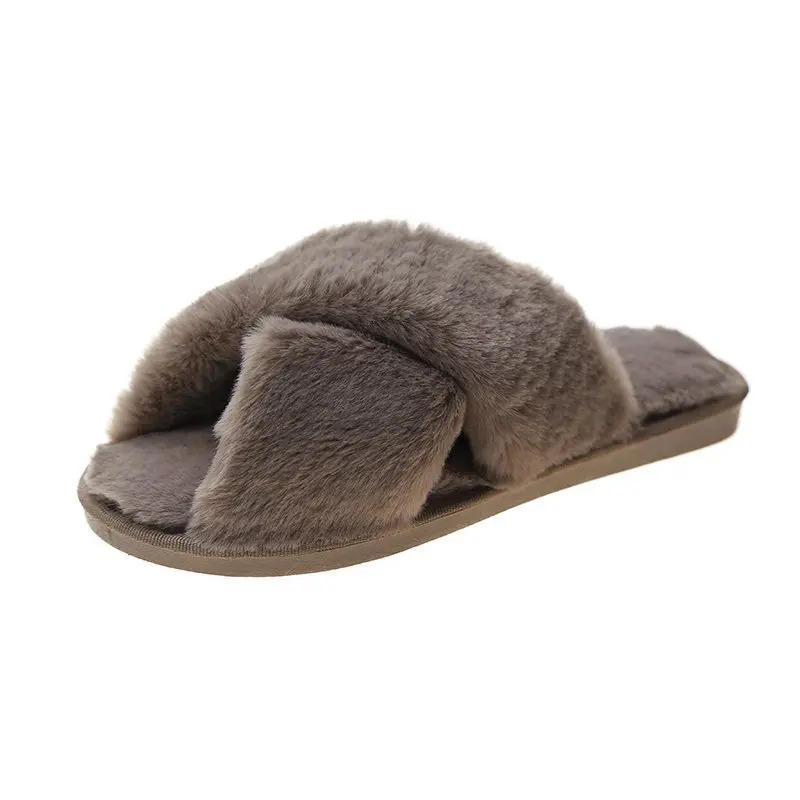 

Furry Slides Women Home Slippers Winter Warm Shoes Woman Slip on Flats Slides Female Cross Faux Fur Slippers 2021 Fashion Flats