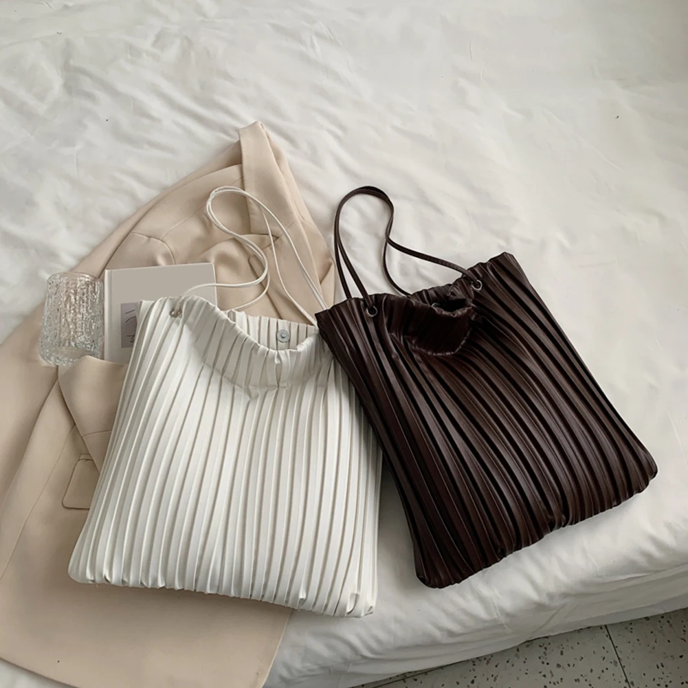 

Women Simple Shoulder Bags Fashion Pleated PU Leather Solid Color Shoulder Shopping Totes Casual Ladies Large Capacity Handbags