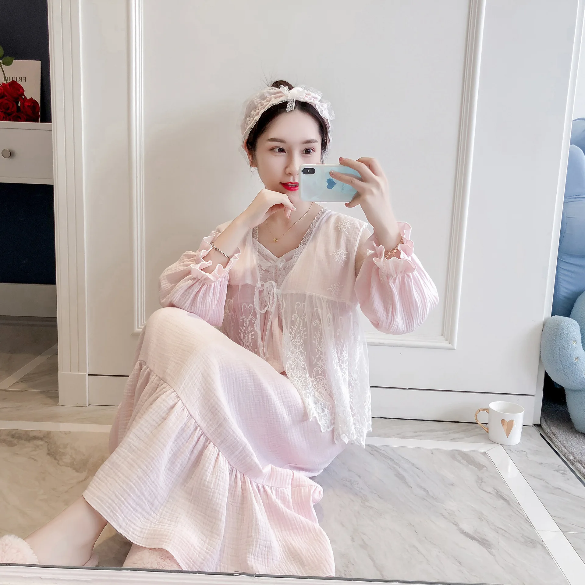 Хлопок с длинным рукавом женский халат набор пряжа кружева сексуальный спагетти