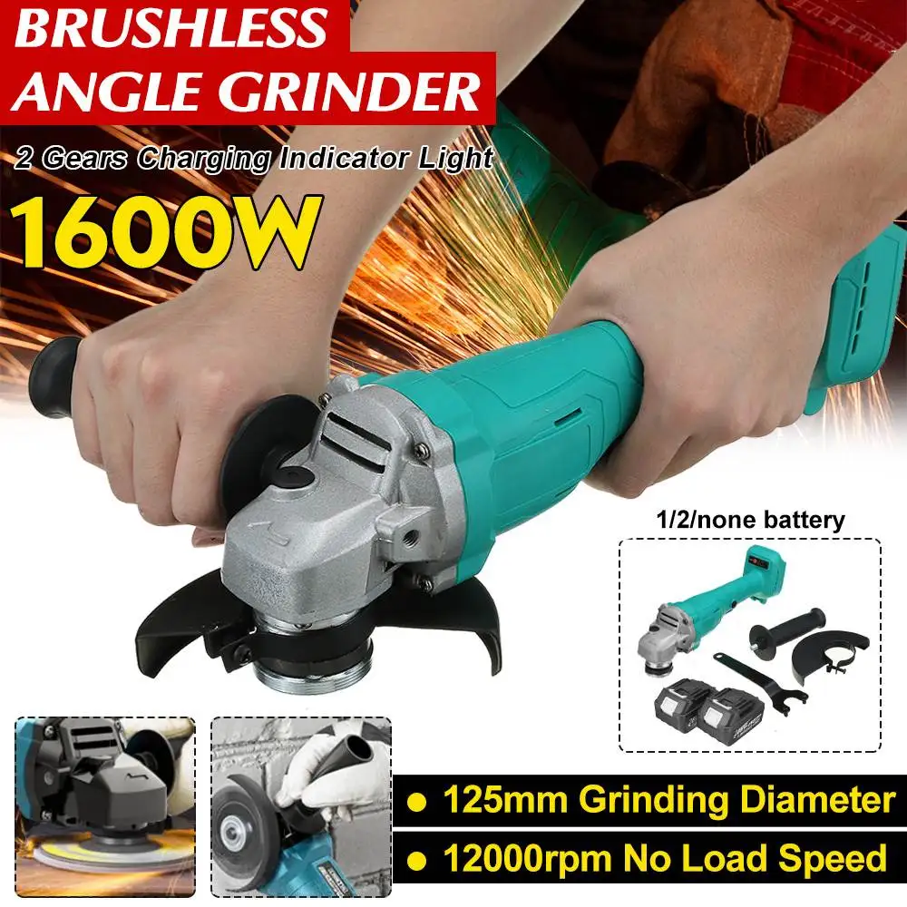 

125mm 1600W Brushless Cordless Electric Angle Grinder Rechargeable Cutting Machine Polisher Power Tools for Makita 18V Battery