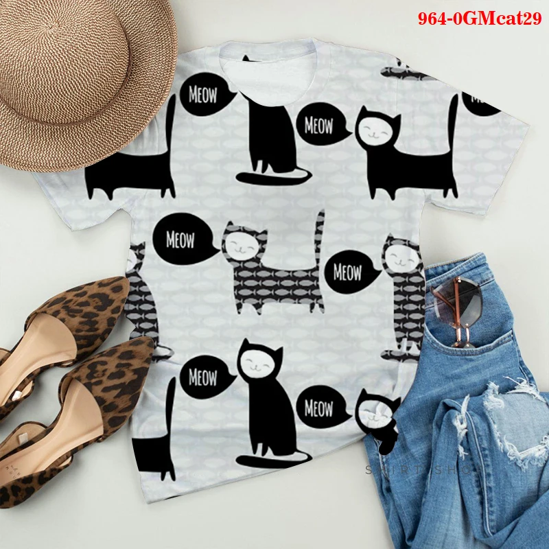 

2021 3D Cat Print Harajuku T-shirt Women Summer Casual Short Sleeve O-Neck T-Shirt Aesthetic Clothes Fashion Shirts for Women