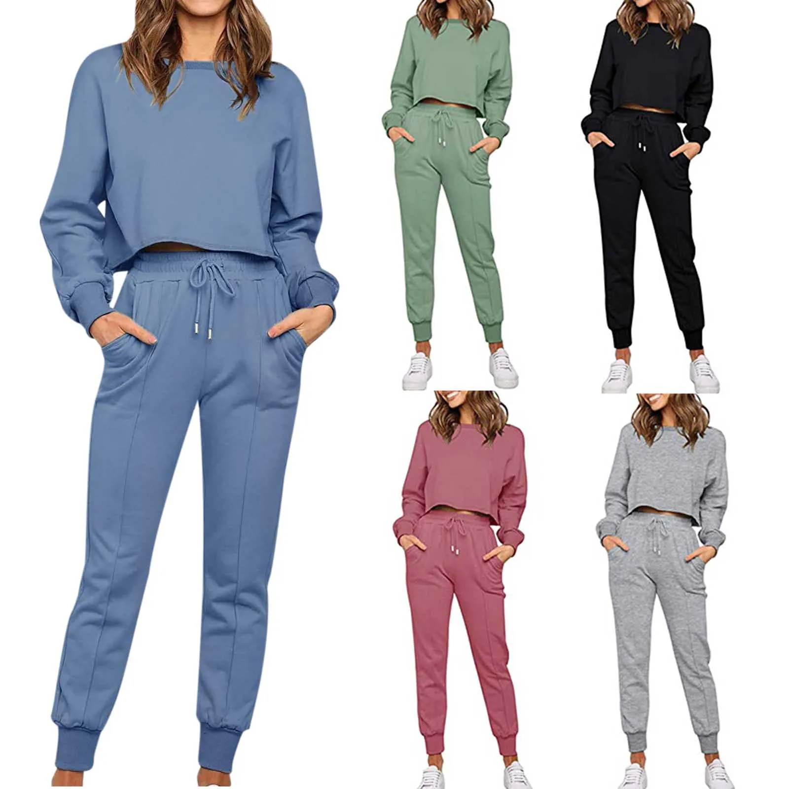 

Women's Sportswear Solid Color Long-sleeved Drawstring Pocket Casual Pants Two-piece Trouser Suit Short Top Women's Clothing